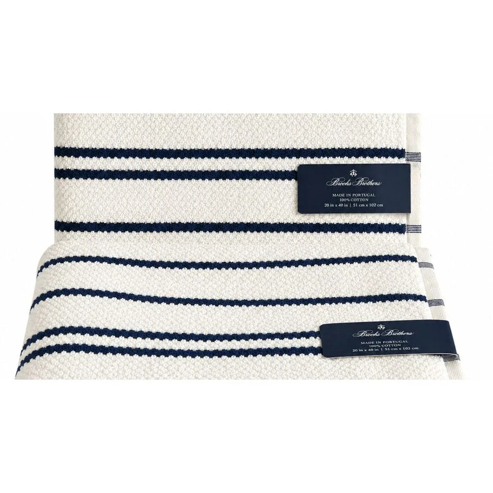 Brooks Brothers Bath Towels Set of 2 White Black Stripe Made in Portugal 30x54